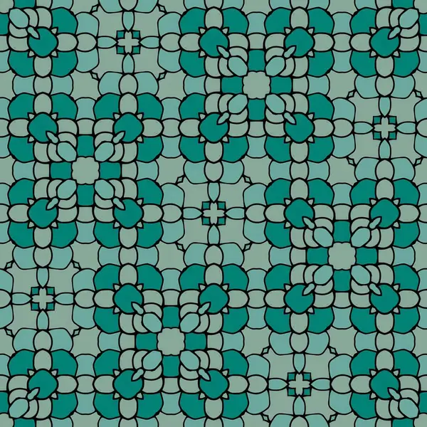 İç içe geçmiş şekillerden oluşan yeşil çiçekli bir tessellasyon deseni, doğal elementler ve geometriden esinlenerek uyumlu ve karmaşık bir tasarım oluşturur..