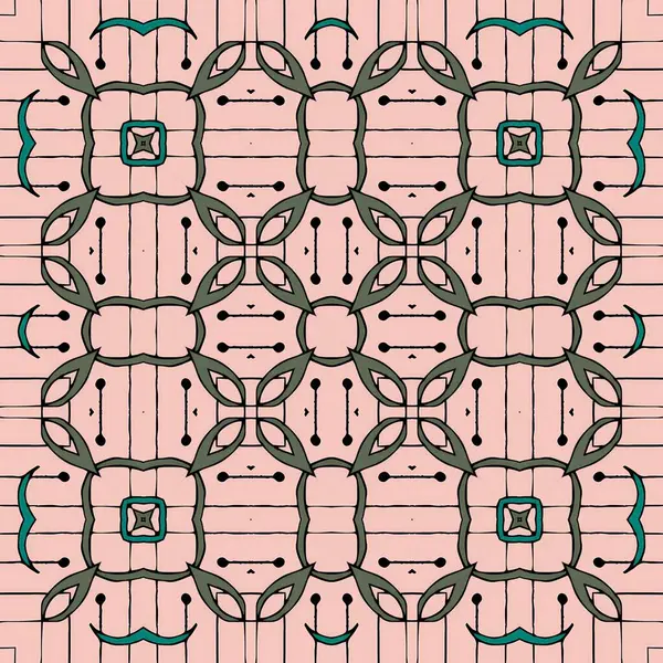 Çembersel ve çiçekli motiflerle bej ve yeşilin toprak renkleriyle modern elementleri geleneksel bir detay dokunuşuyla birleştiren simetrik bir model, dekor için ideal..