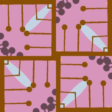 Pembe elementler ve kahverengi çizgiler içeren modern geometrik soyut bir tasarım, tekrarlanan nokta ve çizgilerden oluşan bir desen içerir..