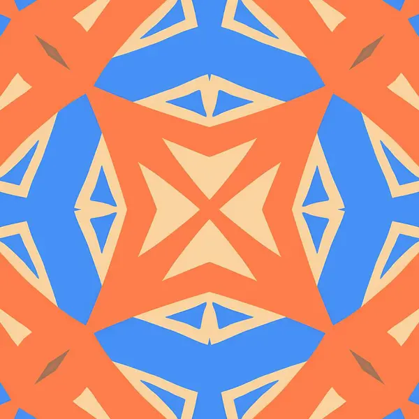 Turuncu, mavi ve bej üçgenlerin çarpıcı etkileşimini içeren canlı simetrik desen dinamik ve büyüleyici bir görsel deneyim yaratıyor..