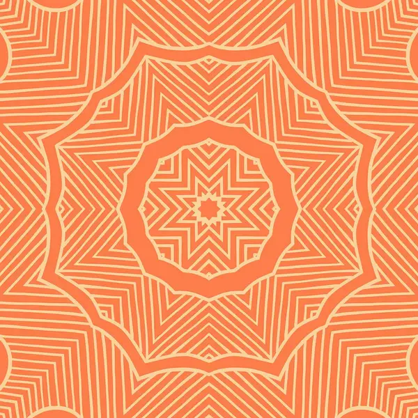 Merkezi bir noktadan yayılan karmaşık turuncu ve beyaz şekilli büyüleyici geometrik mandala hipnotik bir görsel etki yaratıyor..