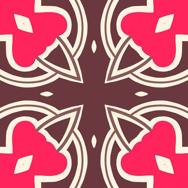 Bu resim baskın kırmızı ve kahverengi renklerle simetrik bir geometrik desen içeriyor, karmaşık ve büyüleyici bir sanatsal tasarım yaratıyor..