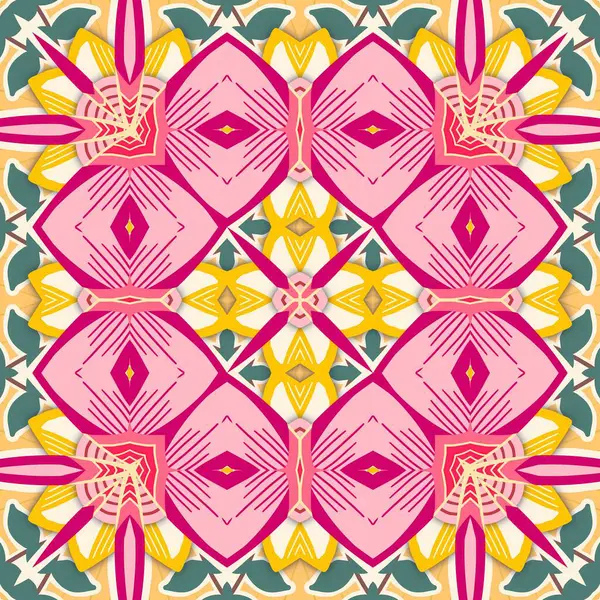 Pembe ve sarı renklerle vurgulanmış büyüleyici geometrik bir kaleydoskopik deseni olan bu resim, simetrik ve sanatsal bir tasarımı gösteriyor..