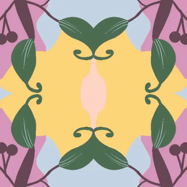 Yeşil yapraklar, sarı arka plan ve mor aksanlar içeren renkli soyut bir tasarım organik ve canlı bir desen oluşturuyor..