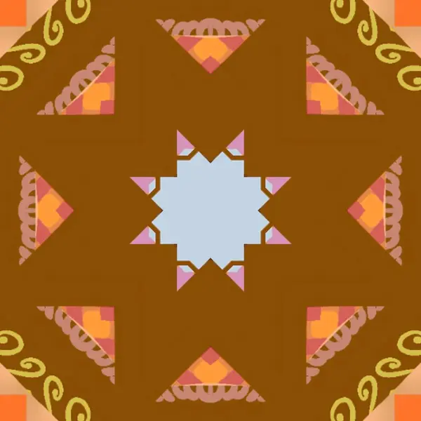 Yıldız şekilli soyut bir tasarım, çoğunlukla kahverengi tonlarda, görsel bir odak noktası oluşturan karmaşık detaylar ve desenler içerir..