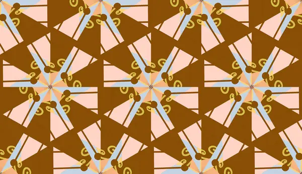 Kahverengi ve mavi toprak tonlarıyla açısal geometrik desen, zıt şekiller ve çizgiler dinamik ve ilginç bir görsel tasarım yaratıyor..