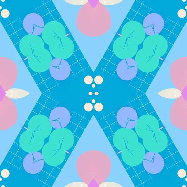 Yeşil ve pembe şekilli soyut mavi geometrik desen karmaşık ve simetrik bir tasarım oluşturarak görsel ilgi ve merak uyandırıyor..