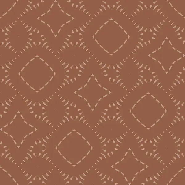 Tekrarlayan yıldız ve elmas şekilleri içeren kırsal bir kahverengi arka plan, noktalı çizgilerle tamamlanmış, görsel olarak memnun edici ve benzersiz bir desen oluşturur..