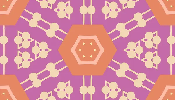 Altıgen krem şekilli mor bir arkaplan ve soyut elementler içeren zarif desen, karmaşık bir geometrik tasarım yaratıyor..