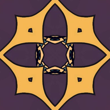 Karmaşık ve simetrik bir tasarım sunan, birbirine bağlı soyut elementleri gösteren biçimlendirilmiş sarı üzerine mor geometrik desen..
