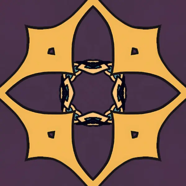 Karmaşık ve simetrik bir tasarım sunan, birbirine bağlı soyut elementleri gösteren biçimlendirilmiş sarı üzerine mor geometrik desen..