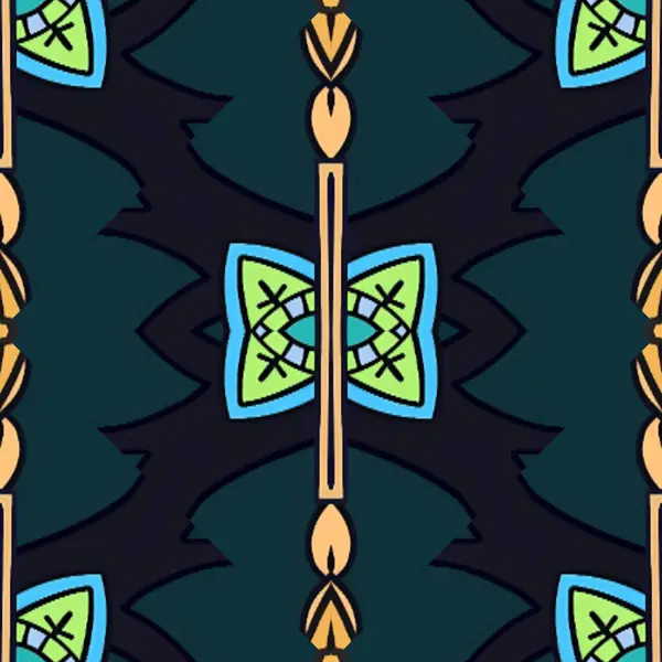 Karmaşık, renkli, soyut bir desen. Kelebek benzeri bir motif, koyu bir arkaplan üzerine kurulmuş. Renkleri parlak ve benzersiz şekiller..