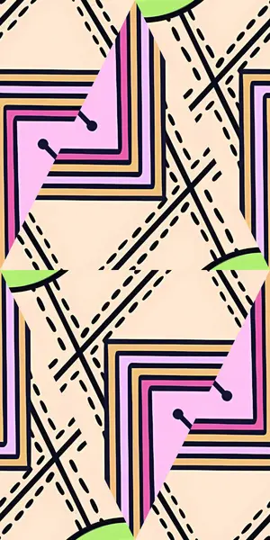 Pembe, mor ve yeşil şekillerden oluşan soyut bir tasarım, modern ve temiz çizgileri vurgulayarak, bej bir arkaplanda ilgi çekici bir şekil oluşturur..