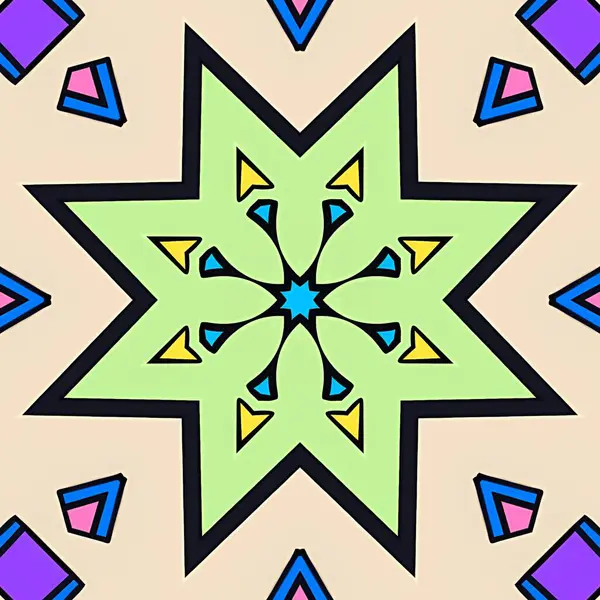Çarpıcı renklerde üçgen ve yıldız desenlerinin bir kombinasyonunu içeren modern bir soyut sanat eseri, uyumlu bir görsel efekt yaratır..