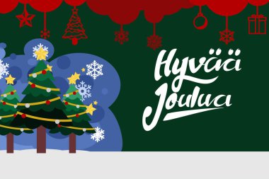 Çevirisi: Mutlu Noeller. Hyv joulua vektör metni Haligrafik Harf Tasarım Kartı şablonu. Tebrik kartı, poster ve afiş için uygun.