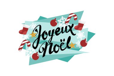Çevirisi: Mutlu Noeller. Joyeux Nol vektör metin Kaligrafik Harf Tasarım Kartı şablonu. Tebrik kartı, poster ve afiş için uygun.