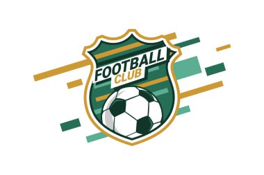 Futbol Logosu ya da futbol kulübü rozeti. Kalkan arka plan vektör tasarımlı futbol logosu. Vektör illüstrasyonu. 