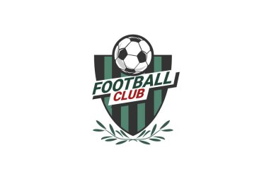 Futbol Logosu ya da futbol kulübü rozeti. Kalkan arka plan vektör tasarımlı futbol logosu. Vektör illüstrasyonu. 