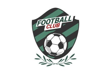 Futbol Logosu ya da futbol kulübü rozeti. Kalkan arka plan vektör tasarımlı futbol logosu. Vektör illüstrasyonu. 