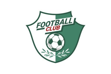 Futbol Logosu ya da futbol kulübü rozeti. Kalkan arka plan vektör tasarımlı futbol logosu. Vektör illüstrasyonu. 
