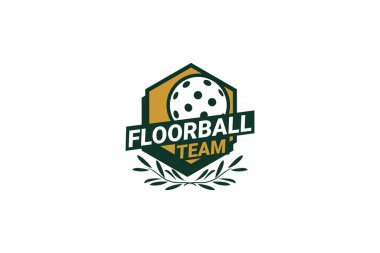 Floorball kulübü rozeti. Kalkan arka plan vektör tasarımlı florbol logosu. Vektör illüstrasyonu. 
