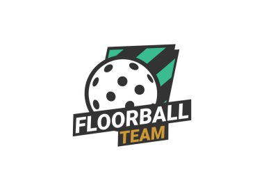 Floorball kulübü rozeti. Kalkan arka plan vektör tasarımlı florbol logosu. Vektör illüstrasyonu. 