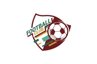 Futbol Logosu ya da futbol kulübü rozeti. Kalkan arka plan vektör tasarımlı futbol logosu. Vektör illüstrasyonu. 