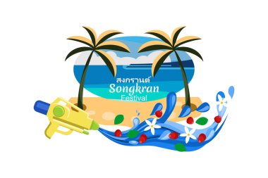 Çeviri: hareketlilik (songkran). Mutlu Songkran Festivali Tayland, su tabancası su sıçratma tasarımı yaz mavi arka plan çizimi. Tebrik kartı, poster ve afiş için uygun.