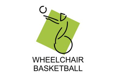 Tekerlekli sandalyeli basketbol sporu vektör çizgisi simgesi. spor pictogram, vektör illüstrasyonu.