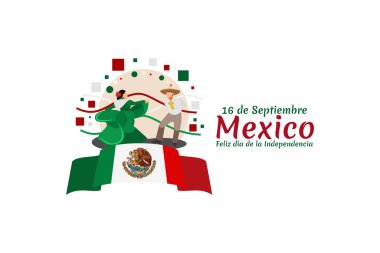Çeviri: 16 Eylül, Çok Yaşa Bağımsızlık! Meksika 'nın Bağımsızlık Günü kutlu olsun. Meksika Vektör illüstrasyonunun ulusal bayramı. Tebrik kartı, poster ve afiş için uygun.