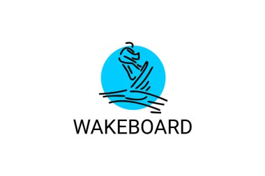 Wakeboard spor vektör çizgisi simgesi. Suda wakeboard oynayan bir wakeboardcu. spor pictogram, vektör illüstrasyonu.