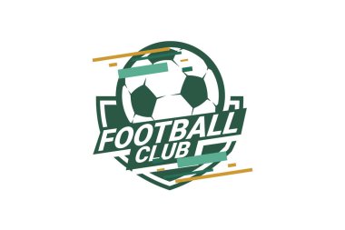 Futbol Logosu ya da futbol kulübü rozeti. Kalkan arka plan vektör tasarımlı futbol logosu. Vektör illüstrasyonu. 