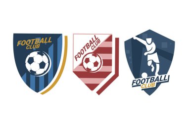 Futbol Logosu ya da futbol kulübü rozeti. Kalkan arka plan vektör tasarımlı futbol logosu. Vektör illüstrasyonu. 