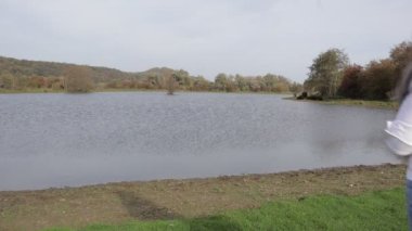 Yetişkin bir kadın gölete doğru yürüyor, arka planda Galloway sığırlarının fotoğrafını çekiyor, Eijsder Beemden Doğa Koruma Alanında orman manzarası, Eijsden, Güney Limburg, Hollanda 'da sonbahar günü