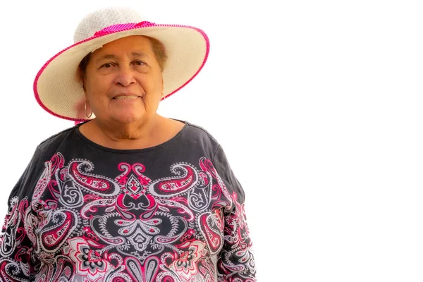 Beautiful Smiling Elderly Woman Short Hair Wearing Hat Black Blouse — Φωτογραφία Αρχείου