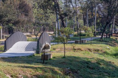 Bulanık arka planda ağaçlar ve yabani bitkilerle dolu bir köprüye doğru giden yaya yolu olan halka açık bir park Zapopan, Jalisco Mexico 'da güneşli bir kış günü.