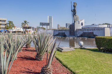 Guadalajara, Jalisco Meksika. 8 Ocak 2023. Glorieta Minerva çeşmesi, Roma tanrıçasıyla birlikte mavi gökyüzüne, agave ve çim dekorasyonuna, bulanık arkaplanlı binalara, güneşli günlere karşı