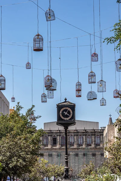 Antique pedestal clock and pendant lamps suspended from wires, green leafy trees, made of cages with spotlights, back wall of Degollado theater in background, sunny day in Guadalajara, Jalisco Mexico