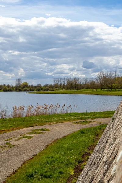 Maas nehri bahar manzarası, nehir kıyısındaki eski patika, yeşil çimenler ve arka plandaki çıplak ağaçlar beyaz bulutlarla kaplı mavi gökyüzü, Midden-Limburg, Hollanda 'da güneşli bir gün.