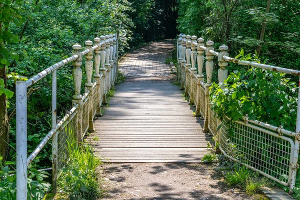 Alte Brücke Über Einen Bach Mit Üppiger Grüner Vegetation Hintergrund — Stockfoto