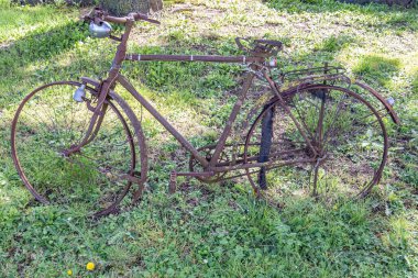 Eski terk edilmiş bisiklet zaman içinde paslanmış yeşil çimlere park etmiş ve Hollanda 'nın güney sınırındaki Eijsden' de güneşli bir yaz gününde küçük bir tahta direğe bağlanmış.