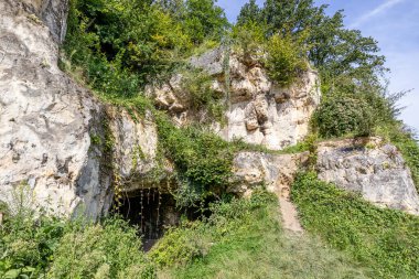 Mağaraların girişleri kaya oluşumunda vahşi bitki örtüsüyle çevrili, düzensiz doku ve çatlaklar, Belçika 'nın Sint-Pietersberg bölgesinde Thier de Lanaye doğa rezervi, Belçika' nın Vise şehrinde güneşli bir gün.
