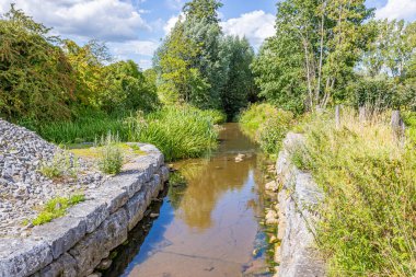 Geul nehri üzerinde eski Eper ya da Wingbergermolen su değirmenine bağlı kanal, arka planda mavi gökyüzüne karşı ağaçlar ve vahşi bitki örtüsü, Terpoorterweg, Epen, South Limburg, Hollanda 'da güneşli bir gün