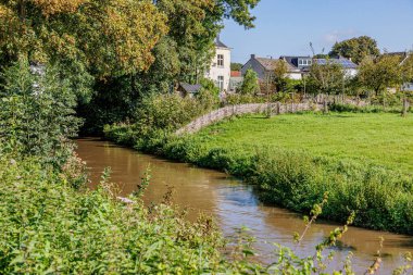 Vahşi bitki örtüsü ve çimenlerin arasında Jeker nehrinin manzarası, arkadaki yeşil ağaç yaprakları ve köy evleri mavi gökyüzüne karşı, Kanne, Riemst, Belçika 'da güneşli bir yaz günü