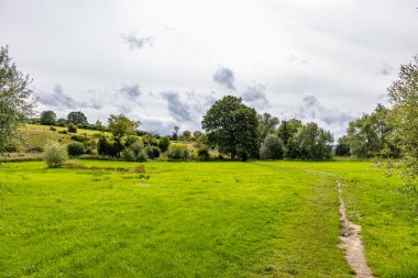 Yeşil çimenler arasında yürüyüş yolu olan Hollanda kırsal arazisi, arka planda yapraklı ağaçlı tepeler, doğa rezervi Epen Bronnenland, Gulpen-Wittem, Güney Limburg, Hollanda 'da bulutlu bir gün