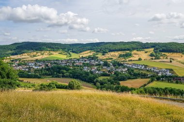 Almanya 'nın Rijnland-Palts eyaletinde yer alan Eiffel Kreis, Bitburg-Prum bölgesinde, arka planda bir tepeyi kaplayan yeşil yapraklı ağaçlarla Alman kırsalının panoramik manzarası