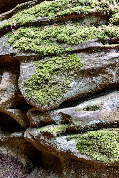 stock image Irregular rock formation wall with grooves, furrows, different forms of erosion and moss in the Teufelsschlucht nature reserve, sunny summer day in Irrel, Germany