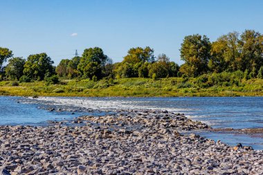 Maas Nehri 'nde bol miktarda çakıl ve taş, akan su, alüvyon arazisi, arka planda ağaçlar, güneşli bir gün, Meers, Elsloo, Hollanda' da Maasvallei doğa rezervleri