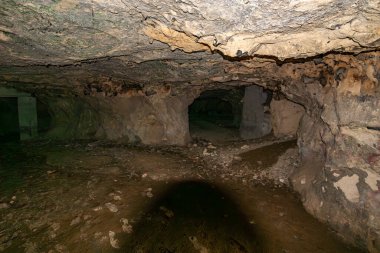 Arka planda çeşitli tüneller olan karanlık bir mağaranın içi düzensiz doku ve çatlaklarla dolu duvarlar Belçika 'nın Vise kentinde Sint-Pietersberg bölgesinde bulunan Thier de Lanaye doğa koruma alanı.