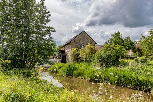 River landscape with river Geul and old Eper watermill or Wingbergermolen in background, surrounded by vegetation and wild trees, cloudy sky day at Terpoorterweg, Epen, South Limburg, Netherlands